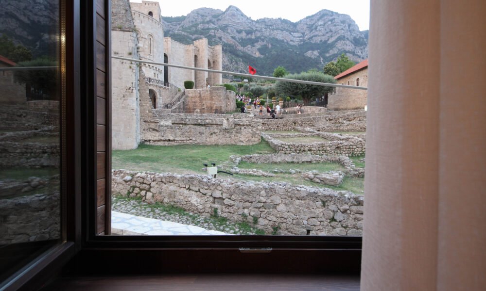 View of Kruja Castle, the Skanderbeg Museum and the mountains from the room window